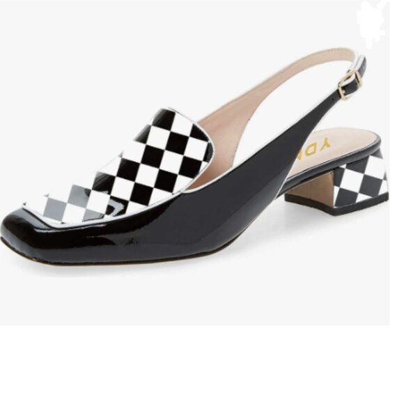 YDN Black And White Checkered Square Toe Block Low Heels Slingback Formal Loafer - Picture 1 of 8